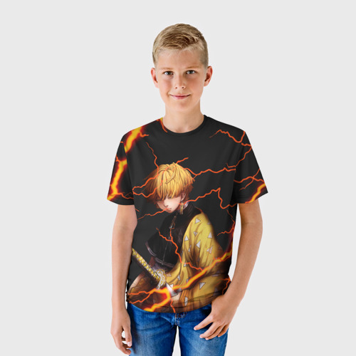 Детская футболка 3D с принтом KIMETSU NO YAIBA оранжевые молнии, фото на моделе #1