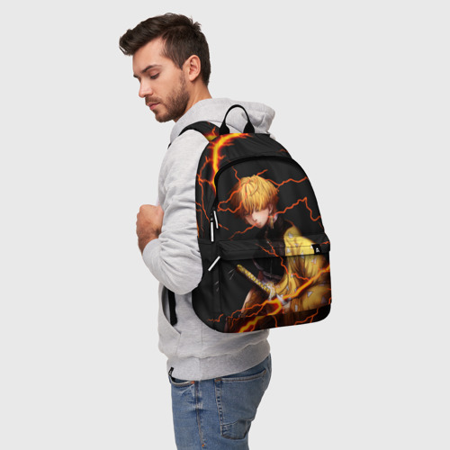 Рюкзак 3D с принтом KIMETSU NO YAIBA оранжевые молнии, фото на моделе #1
