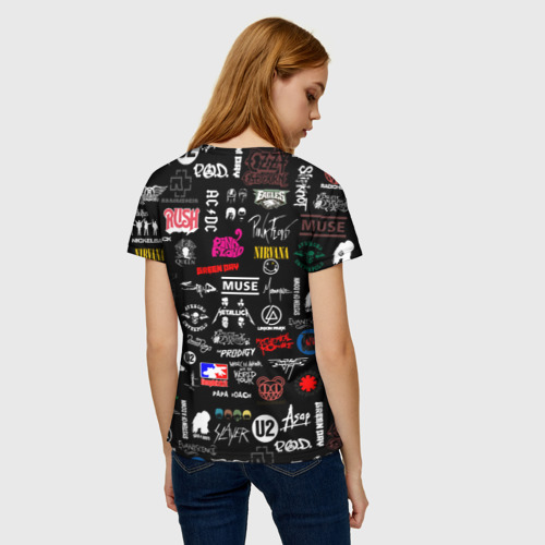 Женская футболка 3D с принтом ЛОГОТИПЫ РОК ГРУПП, вид сзади #2