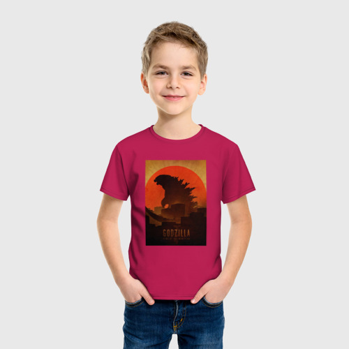 Детская футболка хлопок с принтом Godzilla and red sun, фото на моделе #1