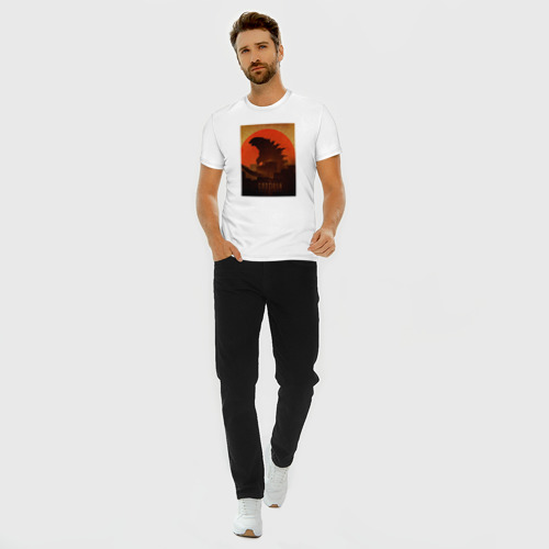 Мужская футболка хлопок Slim с принтом Godzilla and red sun, вид сбоку #3