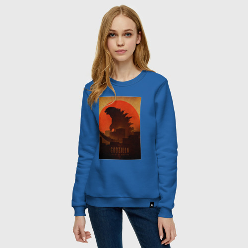 Женский свитшот хлопок с принтом Godzilla and red sun, фото на моделе #1