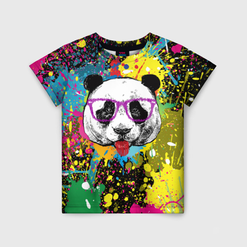 Детская футболка 3D с принтом Панда хипстер в брызгах краски, вид спереди #2
