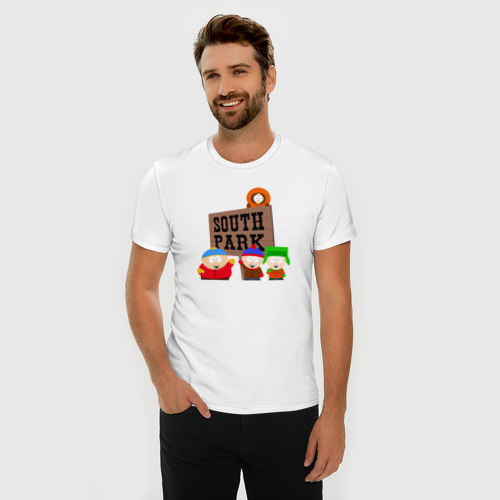 Мужская футболка хлопок Slim с принтом South Park - персонажи с логотипом, фото на моделе #1