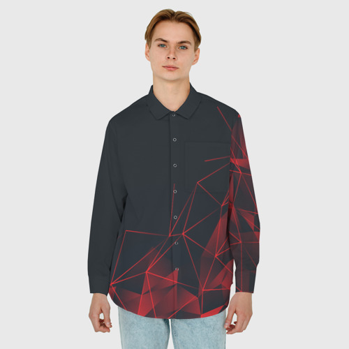 Мужская рубашка oversize 3D с принтом Red stripes красная геометрия, фото на моделе #1