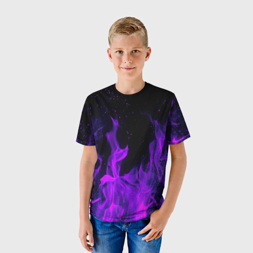 Детская 3D футболка с принтом ФИОЛЕТОВЫЙ ОГОНЬ | PURPLE FIRE, фото на моделе #1