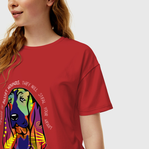 Женская футболка хлопок Oversize с принтом Берегись бассет хаундов!, фото на моделе #1