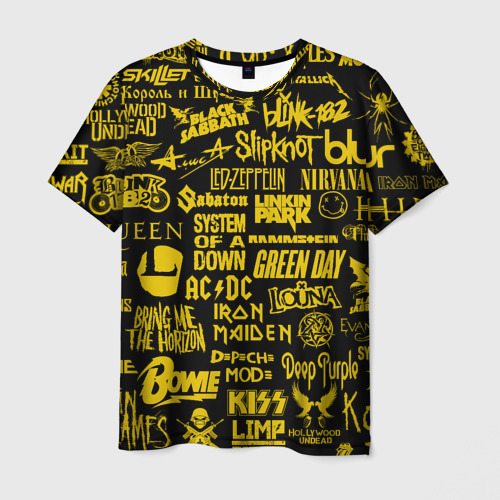 Мужская футболка 3D с принтом Логотипы рок групп gold, вид спереди #2