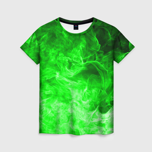 Женская футболка 3D с принтом ОГОНЬ GREEN NEON, вид спереди #2