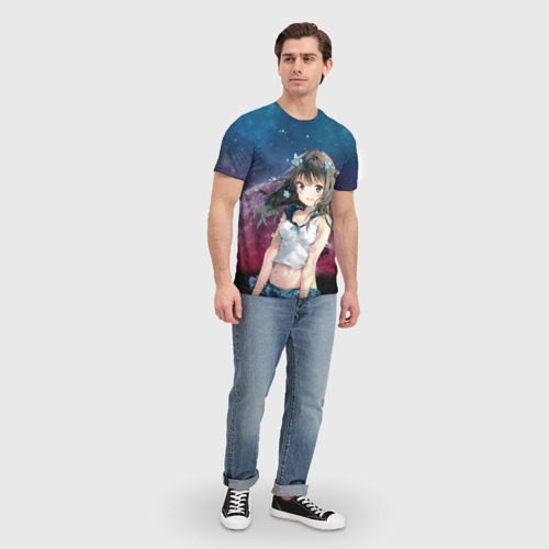 Мужская 3D футболка с принтом Аниме девочка на фоне Луны, вид сбоку #3