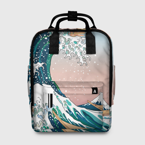 Женский рюкзак 3D с принтом Большая волна в канагаве, вид спереди #2