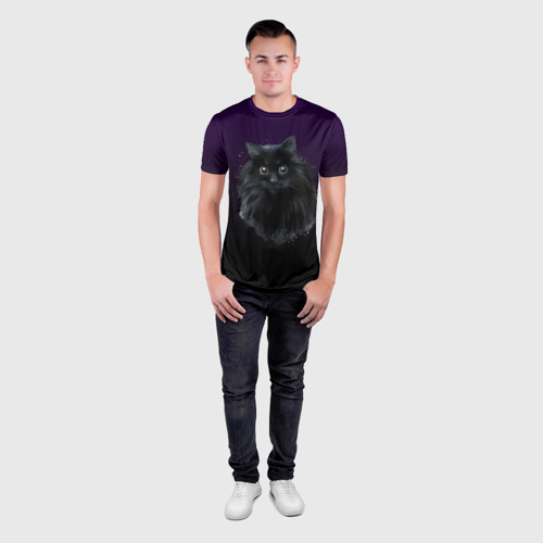Мужская футболка 3D Slim с принтом Черный кот на фиолетовом фоне, вид сбоку #3
