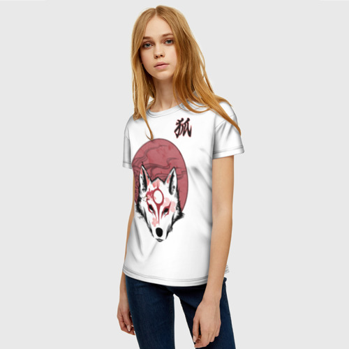 Женская футболка 3D с принтом Японский лис с сакурой, фото на моделе #1