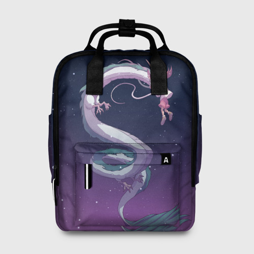 Женский рюкзак 3D с принтом Тихиро летает с драконом в ночном небе, вид спереди #2