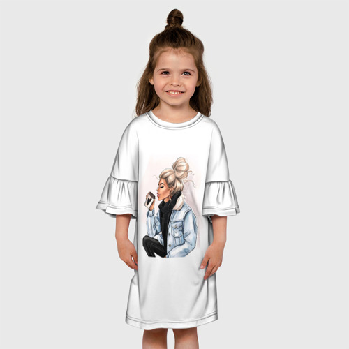 Детское платье 3D с принтом Девушка с кофе, вид сбоку #3