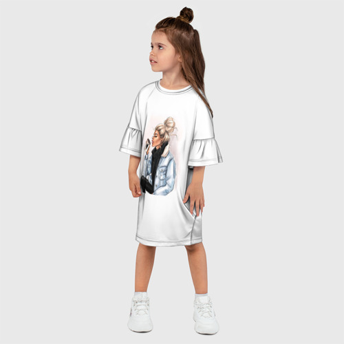 Детское платье 3D с принтом Девушка с кофе, фото на моделе #1