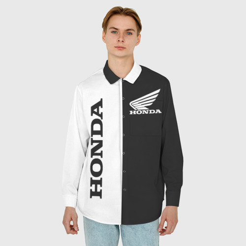 Мужская рубашка oversize 3D с принтом Honda хонда чёрнобелый, фото на моделе #1