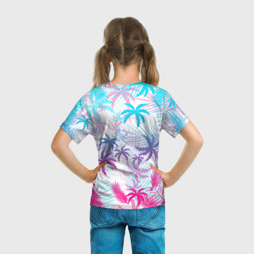 Детская футболка 3D с принтом GTA VICE CITY | ГТА ВАЙС СИТИ | NEON PALMS, вид сзади #2