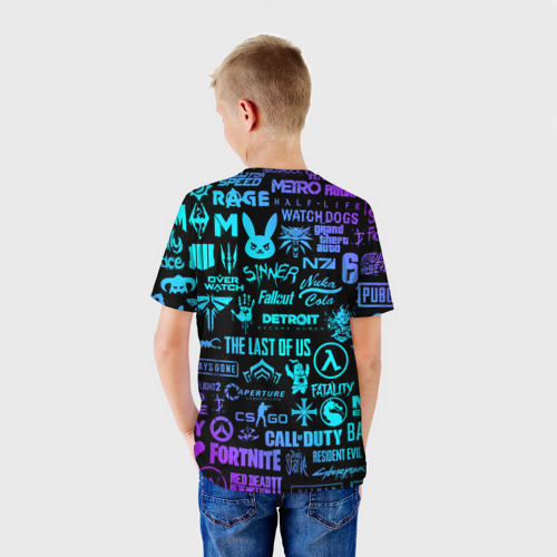 Детская футболка 3D с принтом ЛОГОТИПЫ ИГР НЕОН / NEON GAMES LOGO, вид сзади #2