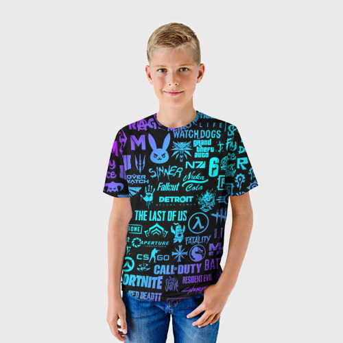Детская футболка 3D с принтом ЛОГОТИПЫ ИГР НЕОН / NEON GAMES LOGO, фото на моделе #1