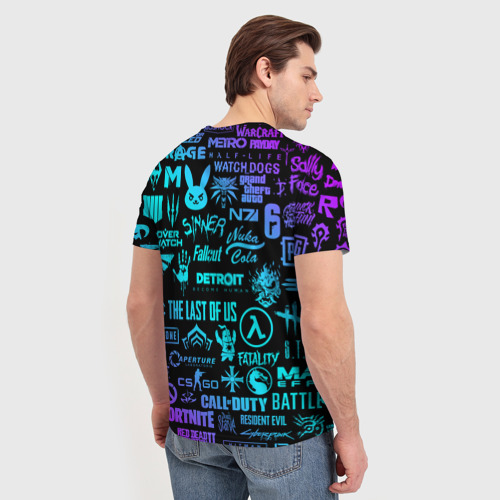 Мужская футболка 3D с принтом Неоновые логотипы игр, вид сзади #2
