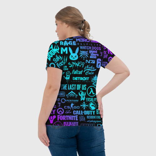 Женская футболка 3D с принтом ЛОГОТИПЫ ИГР НЕОН / NEON GAMES LOGO, вид сзади #2