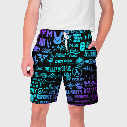 Мужские шорты 3D с принтом Неоновые логотипы игр, вид спереди #2