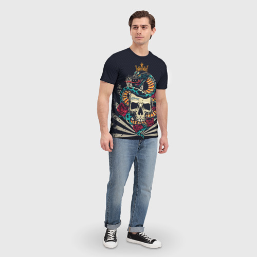 Мужская футболка 3D с принтом Змея с короной на черепе, вид сбоку #3