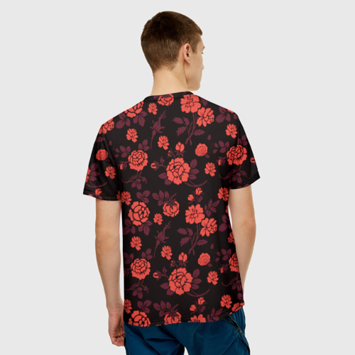 Мужская 3D футболка с принтом Самурай в розах, вид сзади #2