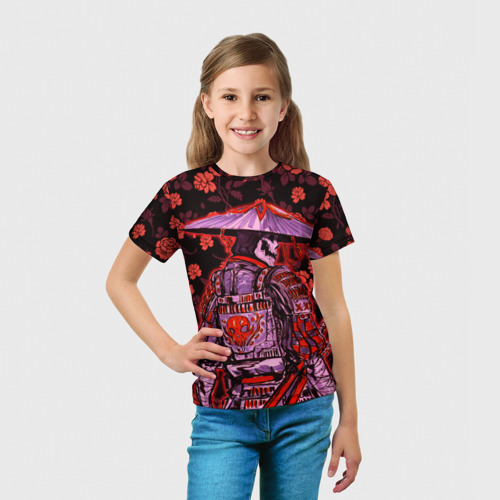 Детская футболка 3D с принтом Самурай в розах, вид сбоку #3