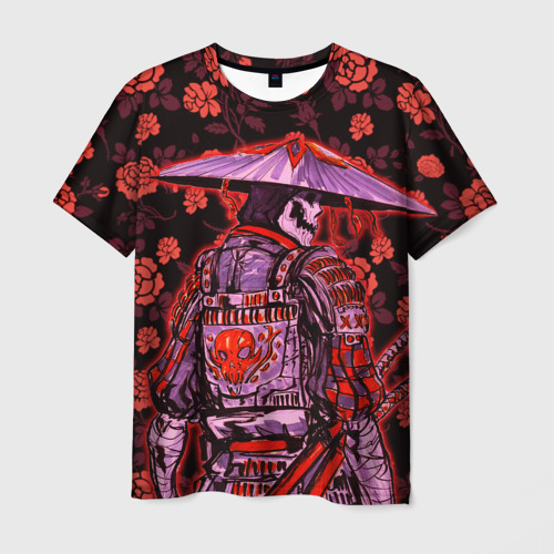 Мужская футболка 3D с принтом Самурай в розах, вид спереди #2