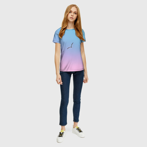 Женская футболка 3D с принтом Чайки птицы полет градиент, вид сбоку #3