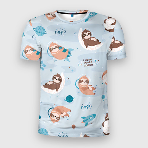 Мужская футболка 3D Slim с принтом Паттерн ленивец космос полет, вид спереди #2