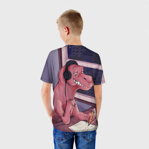 Детская футболка 3D с принтом Динозавр на карантине, вид сзади #2