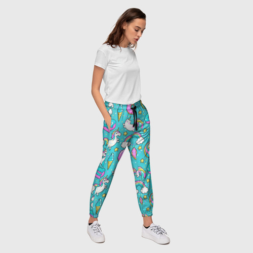 Женские брюки 3D с принтом Turquoise unicorn, вид сбоку #3