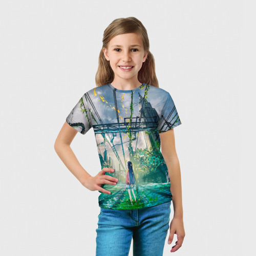 Детская футболка 3D с принтом Девушка одна в аниме мире, вид сбоку #3