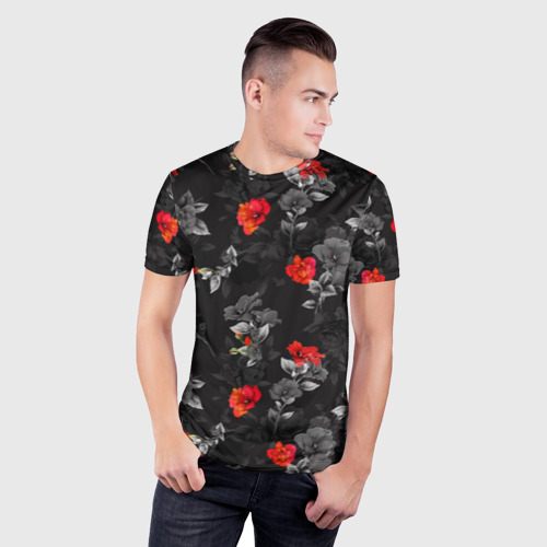 Мужская футболка 3D Slim с принтом Красные цветы, фото на моделе #1