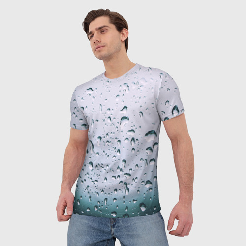 Мужская футболка 3D с принтом Капли окно стекло дождь серо, фото на моделе #1