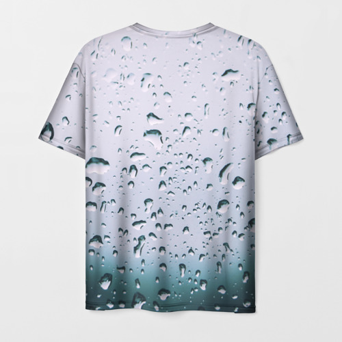 Мужская футболка 3D с принтом Капли окно стекло дождь серо, вид сзади #1