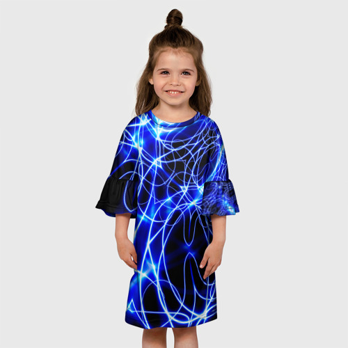 Детское платье 3D с принтом Абстракция синее свечение, вид сбоку #3