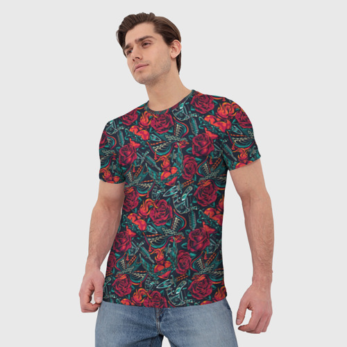 Мужская футболка 3D с принтом Тату узор розы и машинки, фото на моделе #1