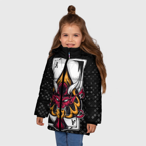 Зимняя куртка для девочек 3D с принтом Карточный дьявол Пиковый туз, фото на моделе #1