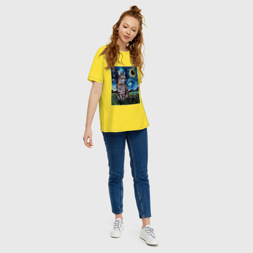 Женская футболка хлопок Oversize с принтом Кот Ван Гога, вид сбоку #3