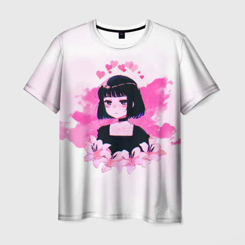 Мужская футболка 3D с принтом Розовая аниме девушка, вид спереди #2