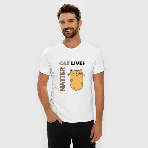 Мужская футболка хлопок Slim с принтом Cat Lives Matter CLM, фото на моделе #1