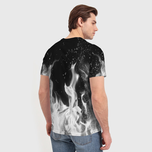 Мужская футболка 3D с принтом Черно белый огонь, вид сзади #2