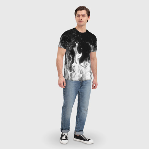 Мужская футболка 3D с принтом Черно белый огонь, вид сбоку #3