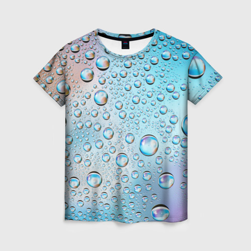 Женская футболка 3D с принтом Капли голубой роса стекло вода, вид спереди #2
