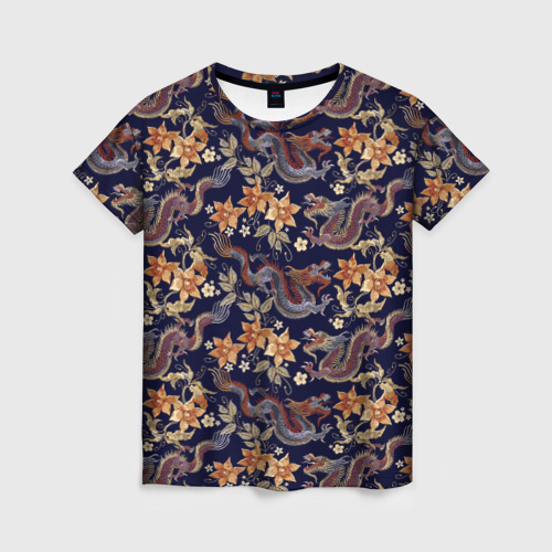 Женская футболка 3D с принтом Драконы и цветы, вид спереди #2