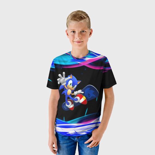 Детская футболка 3D с принтом Соник на скейте, фото на моделе #1